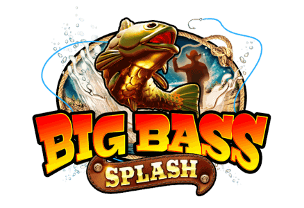 Big Bass Splash fisherman mascot casting a line over turquoise water beneath a desert canyon, with the bass fish logo splash artwork